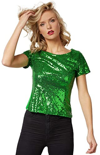 dressforfun 901013 Damen Pailletten Top, Glitzer Kurzarm Oberteil, grün - Diverse Größen - (S)