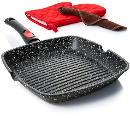 Moss & Stone Square Grill Pan for Indoor Cooking, 11-Inch Nonstick Griddle Skillet with Removable Handle, RV Die-Cast Aluminum Stove Top Grill Pan for Meats & Vegetables, Detachable Handle