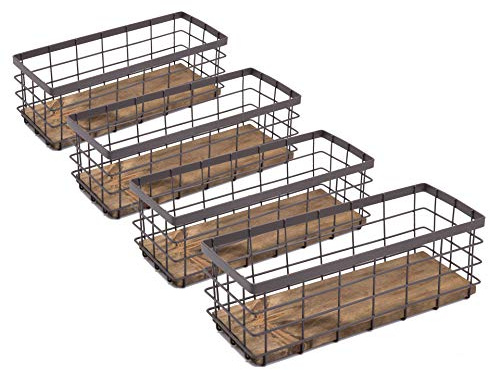 TIEYIPIN Small Metal Wire Storage Basket, Detachable Wood Base Storage Organizer Bin Basket for Kitchen Cabinets, Bathroom, Pantry, Garage, Laundry Room - Brown (4 Pack)