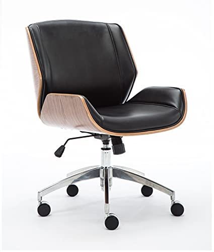 ADGO Ron Bürosessel, Drehsessel für das Home Office aus Öko-Leder mit Holzdekor, Sessel mit niedriger Rückenlehne, Konferenz Arbeits, Drehstuhl, Schwarze/Walnuss