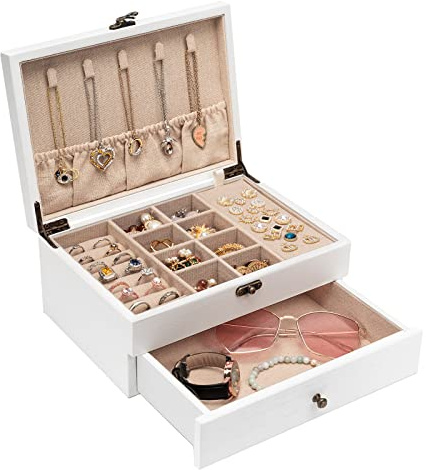 Pinzoveco Schmuckkästchen für Damen, rustikale Holz-Schmuck-Organizer-Box zur Aufbewahrung von Ohrringen, Ringen, Halsketten, Armbändern, Bauernhaus-Stil, Holz-Schmuckschatullen und Organizer (Weiß)