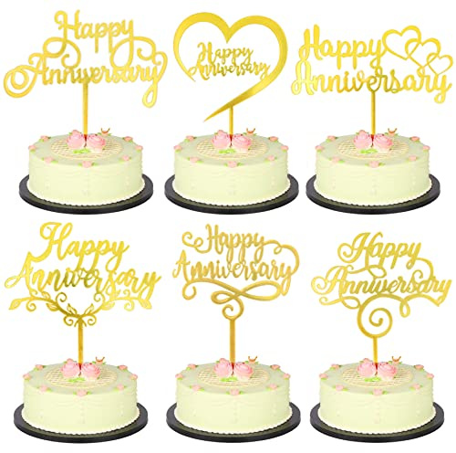 Sugamm 6 Pack Anniversary Cake Topper Jubiläums Kuchenaufsätze aus Acryl Cupcake Topper Set für Jubiläums Party Glitzer Gold Personalisierte Mini Kuchenaufsätze Schilder Dekorations Zubehör