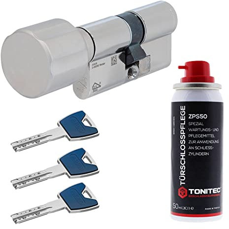 ToniTec Set aus ABUS Schließzylinder EC880 inkl. 3 Schlüssel modular verschiedenschließend Knaufzylinder 30/30K|Türzylinder Sicherheitsschloss mit Sicherungskarte und ToniTec Pflegespray