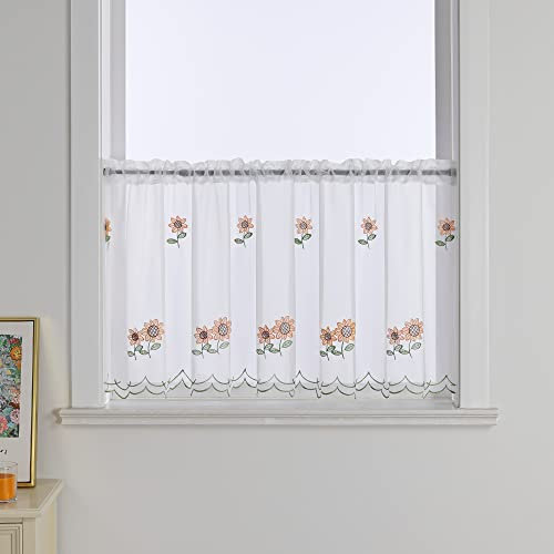Delien Scheibengardine Voile Bistrogardinen mit Tunnelzug Küchen Kurzstore Stickerei »Sonnenblume« Transparente Durchstangenzug Stores Gardine Landhaus Kurzvorhang BxH 90x50cm