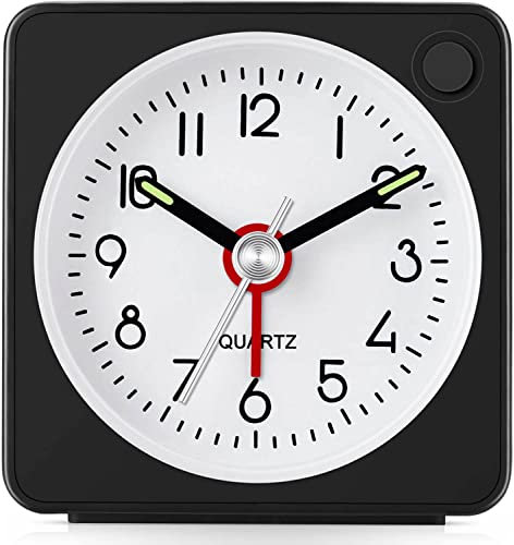 Jisile Travel Alarm Clock, Back to School Supplies, Ultra Small Clock with Snooze and Light Function, Super Silent Non Ticking, Battery Operated, Easy to Setup (Black)