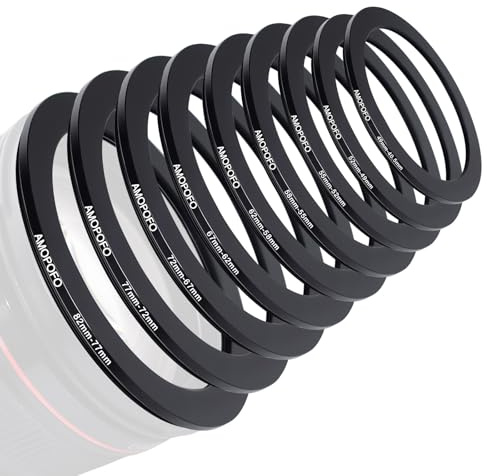 9 Stück 82-77mm/77-72mm/72-67mm/67-62mm/62-58mm/58-55mm/55-52mm/52-49mm/49-40.5mm Filterring Adapter-Set,Objektivfilter Step Down Ring kompatibel Alle Marken UV ND CPL