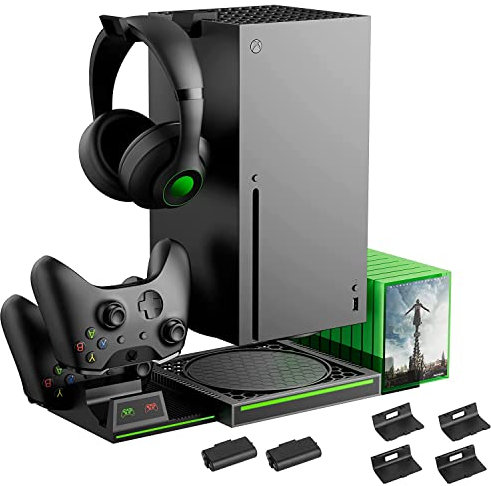 Vertikaler Ständer, kompatibel mit Xbox Series X Konsole, Dual-Ladestation mit 2 wiederaufladbaren Akkus für Xbox Series X Controller, mit 10 Spielkartenfächern und Kopfhörerhaltern und 4 Abdeckungen