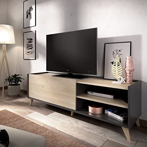 CAESAROO Mobile soggiorno porta Tv 155 cm Abby Grafite e Rovere naturale con una ribalta e due vani - Grafite e naturale