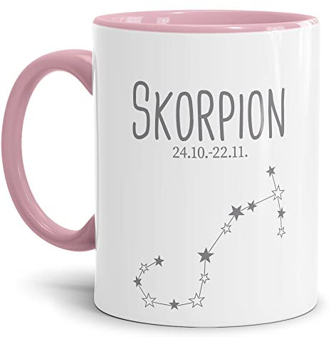 Tasse mit Sternzeichen Skorpion - Sternbild Kaffeetasse mit Spruch - Geschenk zum Geburtstag, Horoskop, Astronomie - Keramik Innen & Henkel Rosa, 300 ml | Skorpion