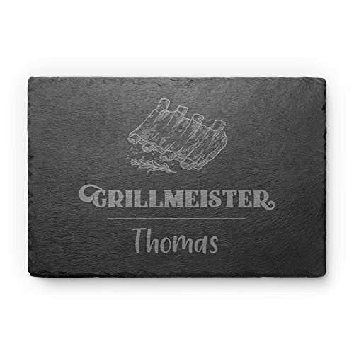 Servierbrett Grillmeister aus Schiefer mit Gravur | Servierplatte personalisiert mit Wunschnamen + wählbares Grillmotiv | Geschenkidee Grilltafel Servierplatte