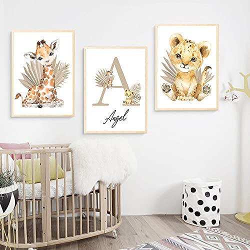 Youihom 3 Bilder Personalisiert Kind Name Leinwanddrucke Kinderzimmer Babyzimmer Dekoration Poster Giraffe Blätter Löwe Pflanze Zimmer Deko Segeltuch 30 x 40 cm ohne Rahmen