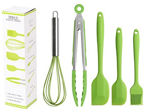 Lot de 5 ustensiles de cuisine avec fouet en silicone flexible et brosse pour la cuisson, anti-adhésif et résistant à la chaleur