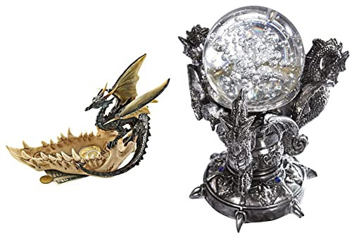 Design Toscano Opferschale Kiefer des Drachen, Maße: 23 x 9 x 16.5 cm 0.5 kg & Drachen des Corfu Schlosses Gothic-Deko Statue, Polyresin und Glas, zweifarbig schwarz und Silber, 13 cm