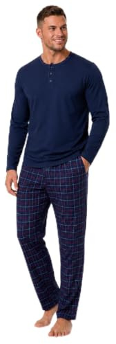 HEYO Schlafanzug Herren Lang Pyjama 100% Baumwolle | Zweiteiliges Set Langarm Shirt Lange Karierte Pyjamahose