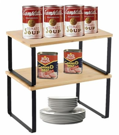 HMRACK Gewürzregal, 2er-Set Bambus-Schrank-Organizer, erweiterbares Küchenregal, stapelbarer Gewürzhalter, Metall und Holzwerkstoff, Schwarz und Natur