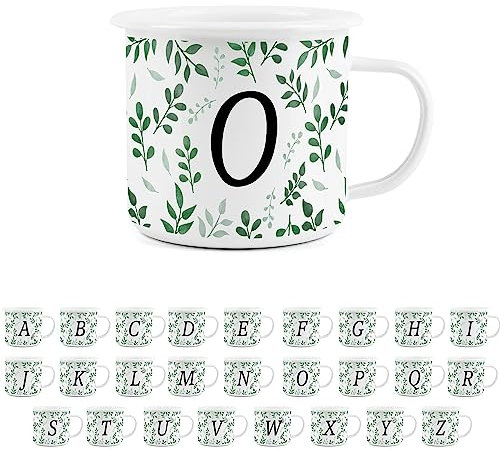 Foliage Letter O Mug -White Initial Personalised Alphabet Novelty Durable Hot Drinks Outdoor Cup for Travel Picnics Home Hiking