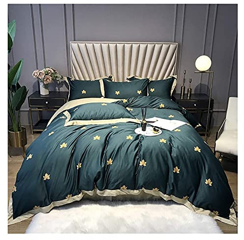 BONOOL 4-teiliges Bettlaken-Set, Bettbezug-Set, King-Size-Bett, Doppelbett-Bettbezug-Set, Grün, 4-teilig, 100% langstapelige Baumwolle, rot bedrucktes Ahorn-Luxus-Set (grün, voll)