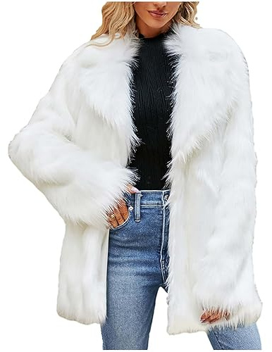 AMhomely Womens Winter Coats Casual Lapel Long Sleeve Fleece Faux Fur Jacket Balzer Style Oversized Windbreak Jacket Long Sleeve Big Turn Collar Trench Coats Plus Size Winter Furry Jacket
