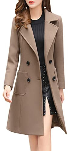 Onsoyours Wollmantel Damen Winter Mantel Lange Einfarbig Wollmantel Revers Mit Taschen Slim Fit Warm Wintermantel Dicke Lang Outwear Coat mit Gürtel C Khaki XL