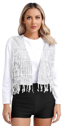 FEESHOW Damen Pailletten Weste Glitzer Anzugweste ärmellos Glänzend Disco Kostüm Oberteil Party Faschingskostüm Clubwear Waistcoat Silber_C L