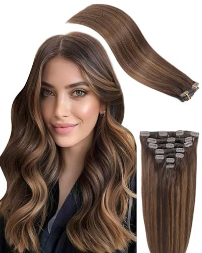 MISSME Clip in Extensions Echthaar, 7 Stück 50cm Echthaar Extensions Clip 120g Haarverlängerung Echthaar #P2/6/T2 Dunkelbraun Balayage Extainsons Echthaar Clips