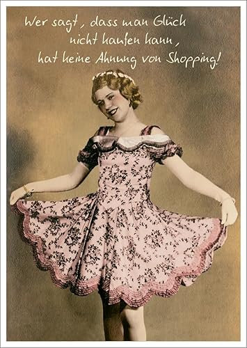 Lustige Vintage Postkarte mit Spruch 'Wer sagt, dass man Glück nicht kaufen kann hat keine Ahnung vom Shopping!' - Retro Design, Humorvolle Postkarte für Shopping-Liebhaber