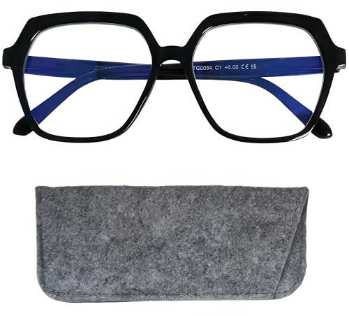 Stilvolle Moderne Blaufilter Damen Sechseckig mit große kratzfeste Gläsern, Etui, Leichten Kunststoff Brillengestell (Schwarz), Blaulichtfilter Brille Damen +1.0 Dioptrien