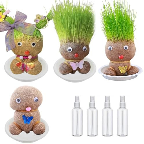 4 Stück Grass Head Doll Bonsai Growing Plants, Graskopf Puppenpflanze mit Tablett & Sprühflasche, Graskopf Wachsende Mini Graskopf Puppe Selbstwachsendes Gras Gartendeko Geschenk für Kinder