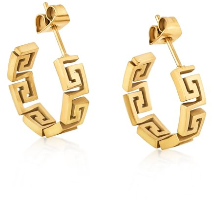 Akitsune Argius Mäander Ohrring für Damen | Eleganter 316L Edelstahlohrring für Frauen | Wasserfest und Antiallergen | 1,30 cm lang | Ketten Creolen | 18K Gold