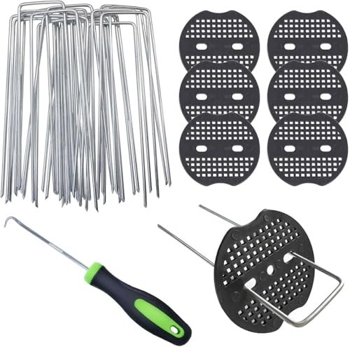 QISF 100Pcs Weed Control Membrane Pegs with 100Pcs Buffer Washer,150mm / 6 U Shaped Weed Mat Pegs, Metal Garden Pegs for Netting Weed Control Fabric Securing Ground Staples Artificial Grass Pins