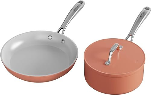 Ciarra Beyond - Set de Casserole et Poêle - Set de 2 Pcs - Poêle à Frire 26cm sans Couvercle - Casserole 20cm/ 2.8L avec Couvercle- Revêtement Antiadhésif - Tous Feux dont Induction - Orange