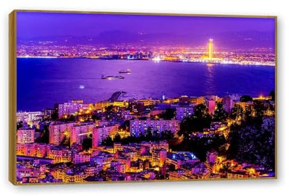 MOBYAT Leinwand Bilder Skyline,City Bay natürliches lila Bild,Druck auf Leinwand,Skyline Wandbild,Leinwand Bilder Groß Wohnzimmer75x50cm(30x20in) Teakholzrahmen