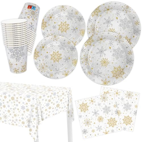 HNH Weihnachtsteller Weihnachtsservietten Weihnachtsbecher 100er-Set Partygeschirr Pappteller Servietten Pappbecher mit Tischdecke Schneeflocke Gold Silber für Weihnachten