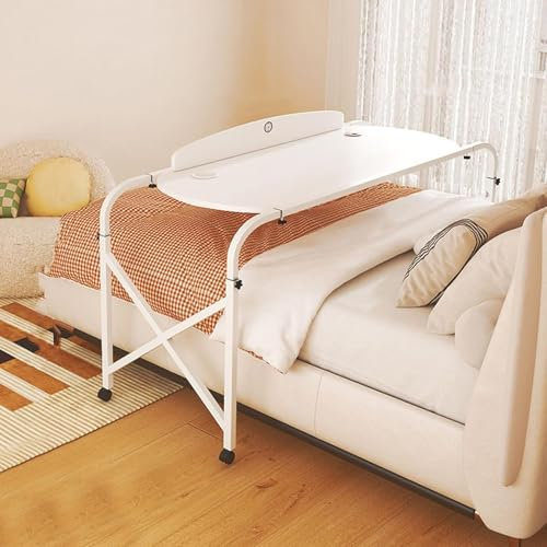 Betttisch mit Rollen,Überbetttisch mit 4 Rollen,Überbettschreibtisch Queen Size Mobiler Computertisch mit Einstellbarer Höhe und Länge,Pflegetisch für Zuhause/Krankenhaus (Farbe:Weiß-B,Größe:140