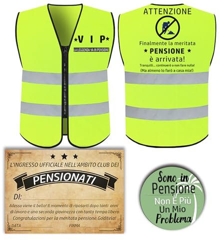 Gilet Pensione Divertente + Biglietto Auguri Pensionato +Spilla Pensione Idea Regalo Pensione Uomo Originale - Regali per Pensione Gadget Scherzi Pensionato Originali 