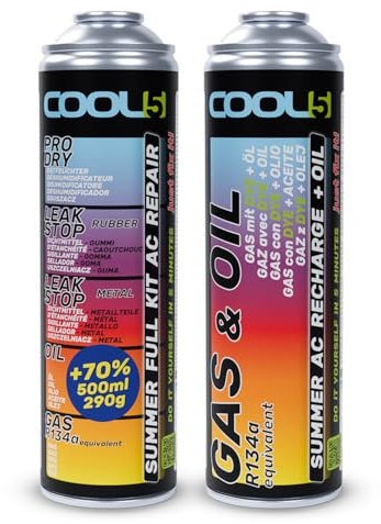 Cool5 Summer Full KIT AC 5in1 Klimaanlagen-Reparaturset (Ersatzgas R134a), 290g, Kältemittel-Gas-Ersatz mit Öl (R134a & R12 Gas-Ersatz)– für Autos 1995-2016, 290g