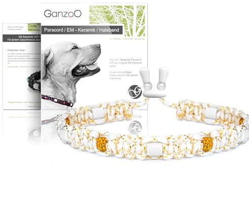 Ganzoo EM Keramik Hunde-Halsband/Paracord 550 Halsband mit Zier-Perlen und EM Tubes/EM Pipes/Größe S 33-42 cm/Dog Collar/verstellbar mit Kordelstopper/Farbe Mondstein