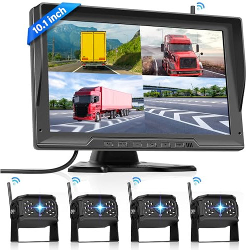 Wireless Van Backup Camera Kit, Hodozzy 10.1 Inch IPS HD Reversing Monitor 4-Split Screen with Loop Record DVR Monitor +IP68 Waterproof Night Vision 4 Cameras RV/Truck/Trailer/Bus/Camper (12-36V)