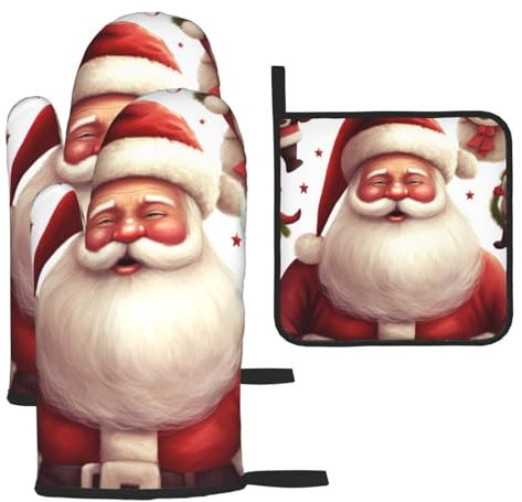 Lot de 3 gants de cuisine et maniques de Noël imprimés Père Noël, gants de barbecue antidérapants et maniques pour cuisine, pâtisserie, grillades