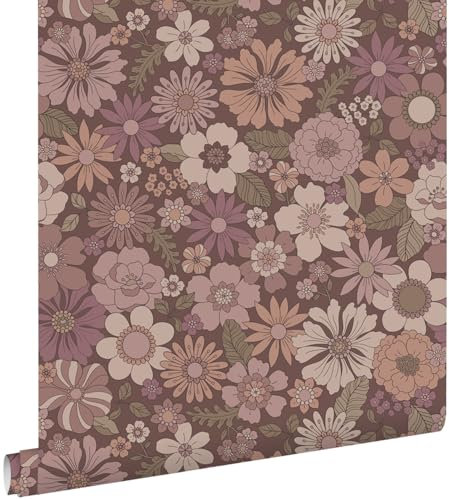 papier peint fleurs rétro vieux rose et violet aubergine 0.53 x 10.05 m - ESTAhome