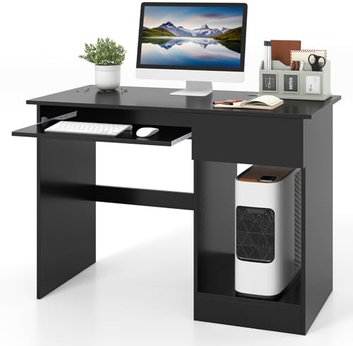CASART Computer Desk, Home Office Laptop Table Writing Desk with Drawer, Adjustable Shelf & Keyboard Tray, Compact Study Desk Computer Workstation for Small Space (Black)