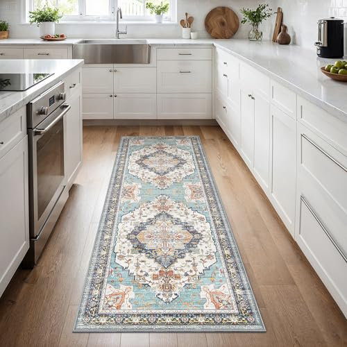 GENIMO Vintage Teppich Flur 80x300CM Teppich Schlafzimmer Waschbare Kurzflor Boho Carpet, rutschfest Teppiche for Küche Balkon, Cyan