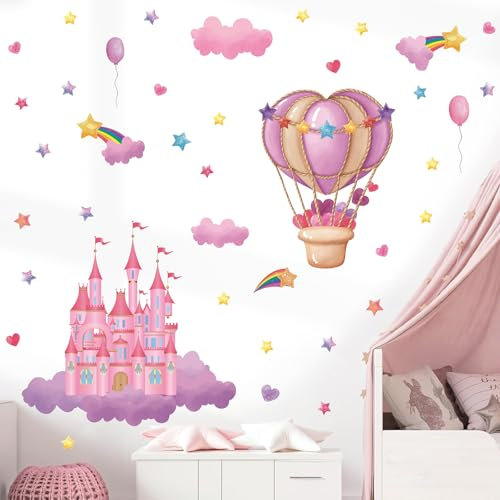 KAIRNE Wandtattoo Kinderzimmer Mädchen,Cartoon Burg Wandaufkleber,Bunte Sternwolken Regenbogen Wandsticker,Herzförmige Ballon Aufkleber, Rosa Wandaufkleber für DIY Kinder Schlafzimmer Kindergarten