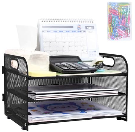 Marte Vanci Desk Organiser, 3 Tier Letter Tray with Handle Mesh Desk Tidy Paper Organiser Metal Rack File Holder Sorter Document Storage with Paper Clips for A4 File Folder Stationery Black