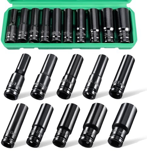 1/2 Impact Socket Set, 12 Piece Deep Sockets, 6-Point, Rugged Construction, Cr-V, Drive Socket Set Impact Metric 10mm - 24mm, with a Storage Cage