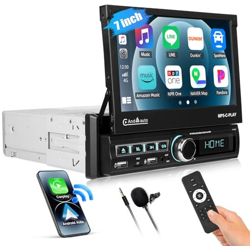 SIXWIN Radio Coche Bluetooth 1 DIN con Wireless Carplay et Android Auto et Mirrorlink, 7'' Eléctrico Retráctil Pantalla Táctil Reproductor Multimedia con Bluetooth FM/USB/AUX/TF/2USB