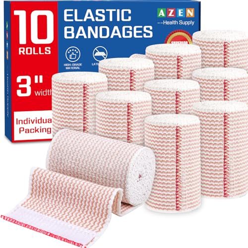 AZEN Premium 10 Pack Elastic Bandage Wrap 3 Inch, Compression Wrap Bandage for Legs, Ankle, Knee, Tummy, Body, Lymphedema Wraps for Legs, Latex-Free