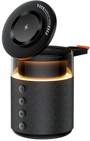 Enceinte Bluetooth 3 en 1 Lampe de Nuit Chargeur sans Fil 15W – Lampe de Chevet Tactile Réglable, Bluetooth 5.4, Lumières Ambiantes (Noir)