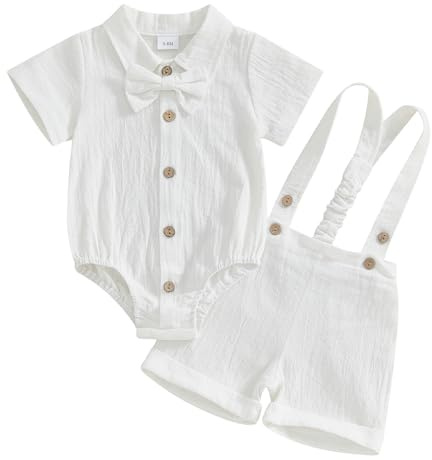Geagodelia Costume da gentiluomo da bambino da 2 pezzi, body camicia a maniche corte + pantaloncini con bretelle, set da gentiluomo battesimo matrimonio cerimonia, bianco, 0-3 Mesi