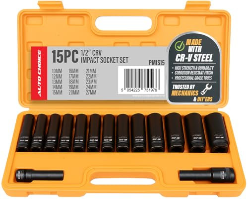 Xtremeauto 15pc 1/2 Impact Socket Set – CRV Steel Metric Sockets 10–27mm – 6-Point Design for Impact Wrenches – Black Phosphate Finish – Laser-Etched – Heavy-Duty Storage Case – Garage & Workshop